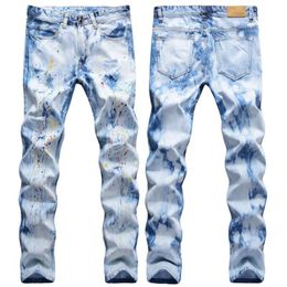 Men's Jeans Male Casual Trousers Street Fashion Hand-painted Splashing Colourful Ink Holes Straight Denim Pants 1700250i