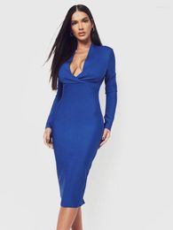 Casual Dresses BEAUKEY Sexy Plunge V Royal Blue Elegant Evening Bandage Dress XL Long Sleeves Tight Bodycon Vestidos Party Office Lady