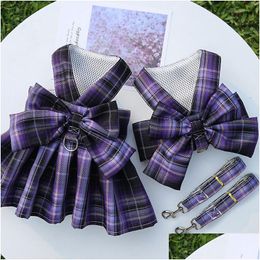 Dog Apparel Plaid Pattern Skirt Pets Cat With Bow Cute Pet Harnesses And Leashes Set Small Dogs Vest Princess Dresses Ps2084 Drop Deli Dh81F