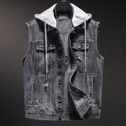 Men's Vests Plus size Short Denim Vest men Detachable Hooded Coat Spring summer Side pockets Sleeveless Jeans Jacket Men's Tops-4XL 230908