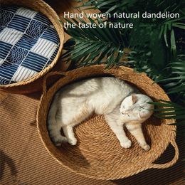 kennels pens Pure Manual Rattan Woven Cat Nest Four Seasons General Dandelion Woven Cool Nest Cat Bed Cat Scratch Board Pet Products 230908