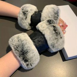 Lady's leather Glovess rabbit skin mouth with thick warm driving gloves winter open toe riding glove gift box289q