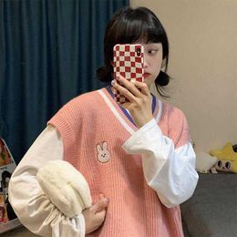 Deeptown Preppy Style Kawaii Rabbit Sweater Vest Women Korean Style Cute Oversize Pink Knit Top 2000s Aesthetic Striped Jumper