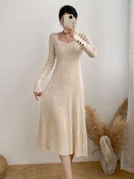 Casual Dresses Beige Square V Neck Warm Knitted Festival Evening Party Dress Women Long Sleeve Basic Bodycon A-line Black Simplicity Chic