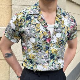 Men's Casual Shirts 2023 Summer Abstract Art Colorful Flowers Short Sleeve Shirt Men Slim Business High Quality Camisa Social Masculina