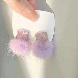 Korean Purple Plush Ball Square Resin Earrings 2023 Autumn Winter Temperament Elegant Women Fluffy Stud Earrings Jewellery