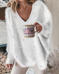 Women's Sweaters Beaded Decor Long Sleeve Fluffy Top Women Spring Summer Pullover V Neck Pearls Solid Color Loose Fashion Tops Blouse Sweater 230907