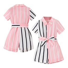 Rompers Kids Girls' Jumpsuit Springsummer Striped Shorts Lapel Short Sleeved Bow Belt 6 Month Outfits for Girl Baby Ruffle Romper 230907