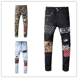 luxury mens designer jeans camouflage ripped skinny jeans pants leopard patchwork designer pants rivet motorcycle jeans us size 29254Y