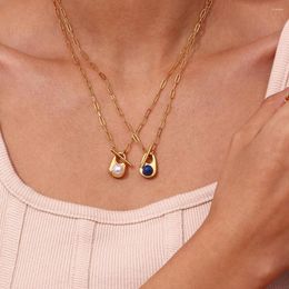 Pendant Necklaces MamacitaSlay Women's Jewelry Inlaid Gem Water Drop Type Paper Clip OT Buckle Necklace High-end Glamour Women Pearl