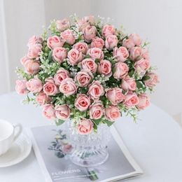 Decorative Flowers 30CM 5 Fork 10 Head Small Bud Rose Silk Bouquet Wedding Bride Holding Artificial Home Vase Decoration Indoor Accessories