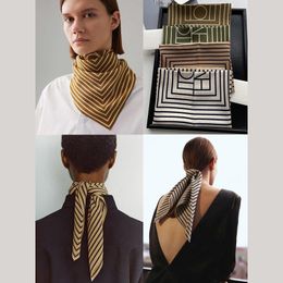 Scarves Totem Luxury Women Pure Silk Square Scarf Lady Bandanna Stripe Simple Design Handkerchief Hijab Hair Band 230908