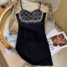 2023 Summer Black Solid Color Beaded Dress Sleeveless Square Neck Sequins Knee-Length Casual Dresses S3S01M142