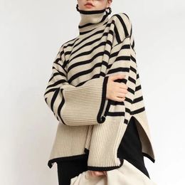 Women's Sweaters Black And White Stripe Sweater Loose Top Pullover Female Jumper Long Sleeve Turtleneck Kintting Tops 230907