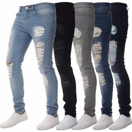 Men Jeans Ripped Hole Slim Fit Casual Mens Steet Wear Distressed Pencil Pants Black Light Blue Denim Trousers Full Length Pant 210305D