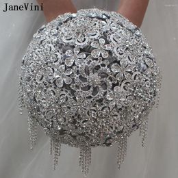 Wedding Flowers JaneVini Sparkly Gray Bouquet With Silver Jewelry Beaded Crystal Tassel Satin Luxury Bridal Hand Bouquets 2023