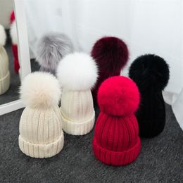 Designer Plain Rib Beanies With Removable Real Fox Fur Pom Ball Knitted Acrylic Winter Warmer Hats 3 Size For Baby Kids Adults Slo236R