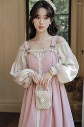 Casual Dresses Sweet Lolita Princess Pink Dress Woman Vintage Chic Design Slash Neck Lantern Sleeve Ruffles Loose Cottage Mori