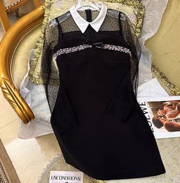 2023 Summer Black Solid Color Dress Long Sleeve Lapel Neck Tulle RhinestoneKnee-Length Casual Dresses S3S01M112