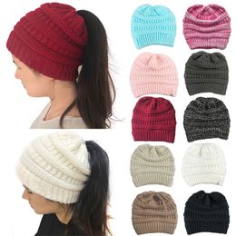 10 Colors Fashion Ponytail Knitted Hat Autumn And Winter Warm Woolen Hat For Women Colorful Outdoor Warm Knit Hat