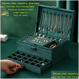 Jewellery Boxes Grey 3-Layer Flannel Organiser Box Necklaces Earrings Rings Display Holder Case For Women Large Capacity 220309 Drop Del Dhjtb