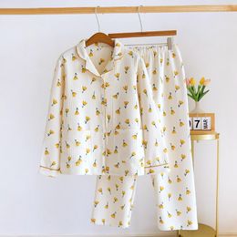 Women's Sleepwear Winter Thick Cotton Pajamas For Women Cherry Tulip Printed 2 Piece Set Female Warm Homewear Plus Size Loungewear