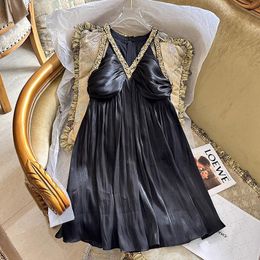 2023 Summer Black Solid Colour Dress Sleeveless V-Neck Sequins Knee-Length Casual Dresses S3S01M231
