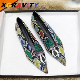 Dress Shoes XGRAVITY Snakeskin Pattern V Cut Elegant Women Shoe Fashion Woman's Flats Genuine Leather Ladies Shoes Casual Shoes C353 230907