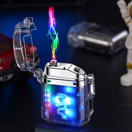 Cool Transparent Colourful USB Smoking Zinc Alloy Double ARC Lighters LED Lamp Pattern Style Windproof Portable Herb Tobacco Cigarette Holder Lighter