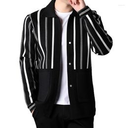Men's Sweaters 2023 Fashionable Striped Cardigan Contrasting Black Jacket With Concealed Lapel For Long Sleeved Sweater