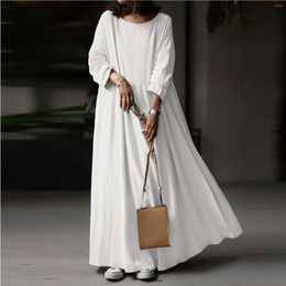 Casual Dresses Summer Cotton Linen Long Dress Women Sleeve Maxi 2023 Female Elegant Solid Color Pocket Loose Robe