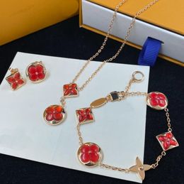 Fashion Jewelry Brass Red Enamel Circular diamond shape Flower Pendant Necklace Bangles Necklaces Earring For Girls Women Gift Jewelry Sets With Box LVS13 --013