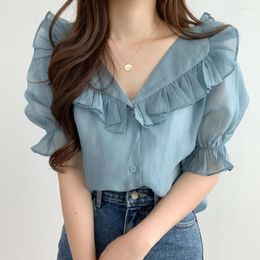 Women's Polos Chiffon Shirt With Ruffled Edge French Design Foreign Air Bubble Sleeve Age Reduction Summer 2023