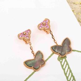 2023 Luxury quality charm drop earring with fuchsia diamond and grey shell beads butterfly shape in 18k rose gold plated have box stamp PS7622B