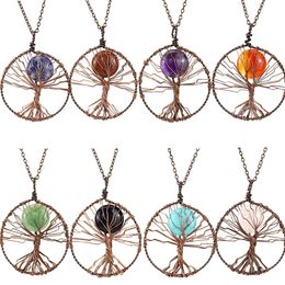 Bronze Wire Wrapped tree of life wafer Stone Pendant Agate Rose Quartz Charms Amethyst black obsidian Healing Crystal Agates Necklaces for Women Jewellery