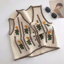 Korean Embroidered V Neck Knitted Vest For Women Vintage Fashion All Match Hollow Sleeveless Jacket