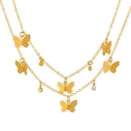 Pendant Necklaces Diamond Inlaid Double-layer Gold Butterfly Metal Vintage Necklace Clavicle Chain Collares Para Mujer