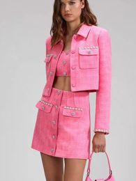 Two Piece Dress Women Pink Tweed Short Coat or Mini Skirt Set with Pearl Diamond Buckles Ladies Long Sleeve Jacket Jupes Suits 230908