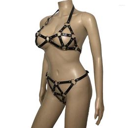 BHs Sets Sexy Frauen Strappy Kunstleder und Metallring Body Harness BH Top Tanga Pole Dance Bikini Dessous Set Fetisch Wear