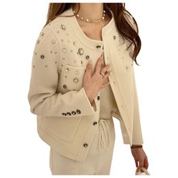 Women's new design o-neck Woollen luxury design rhinestone beading jacket coat SMLXLXXL