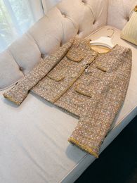 Autumn Gold Sequins Contrast Trim Beaded Tweed Jacket Long Sleeve Round Neck Double Pockets Classic Jackets Coat Short Outwear A3G096552