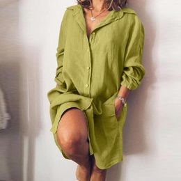 Casual Dresses 2023 Cotton And Linen Shirt Dress Ladies Long Sleeve Single-Breasted Loose Maxi Tunics Sundress For Women