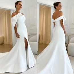 Elegant Long Off Shoulder Crepe Wedding Dresses With Bow Mermaid Ivory Zipper Back Vestidos de Novia Abendkleider Bridal Gowns With Pleats for Women