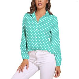 Women's Blouses Teal Blue Polka Dot Loose Blouse Retro Turquoise Trendy Casual Oversized Woman Long Sleeve Elegant Shirt Pattern Top