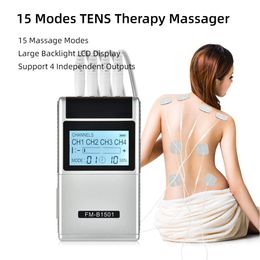 Portable Slim Equipment Alat pijat terapi TENS 4 Output alat tubuh Stimulator otot EMS elektrik penghilang nyeri kaki leher punggung 15 mode 230907