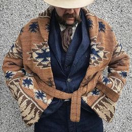 Men's Sweaters Winter Jacquard Sweater Coats Thick Knit Warm Tie Up Jacket Retro Belt Knitting Cardigans Top For Men Knitwear Sweatercoat
