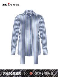 Kiton Top-quality Womens Shirts Spring and Summer Cotton Blended Striped Waist Shirt Blue Khaki