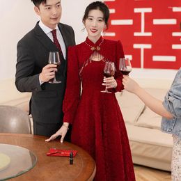 Ethnic Clothing Chinese Cheongsam Red Wedding Dress Toast Back Door Formal Evening Qipao Lace Engagement Tang Suit 2023