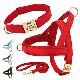 Dog Collars Leashes Customised Leather Dog Collar Harness Leash Set Personalised Pet Mesh Vest Harness ID Pet Leads For Small Medium Large Dogs 230908