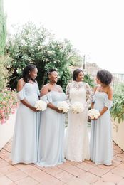 Dusty Blue Country Bridesmaid Dresses With Plus Size 2023 Off Shoulder Ruffles Pleat African Bohemian Beach Wedding Party Guest Gown